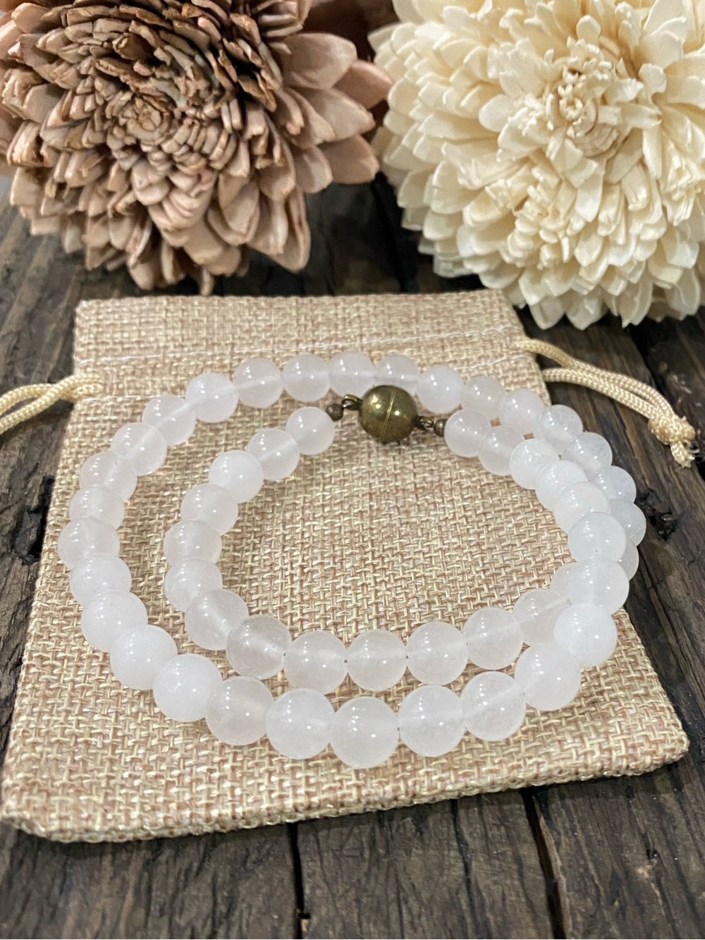 White Jade Beaded Necklace w/ Antique Bronze Magnetic Clasp, 17.5”